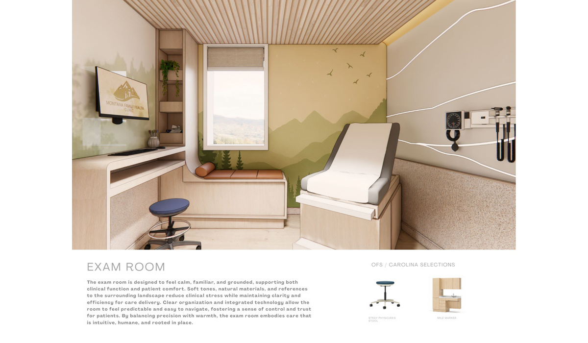 A calming exam room features natural materials, soft colors, and organized spaces, designed to enhance patient comfort and trust.