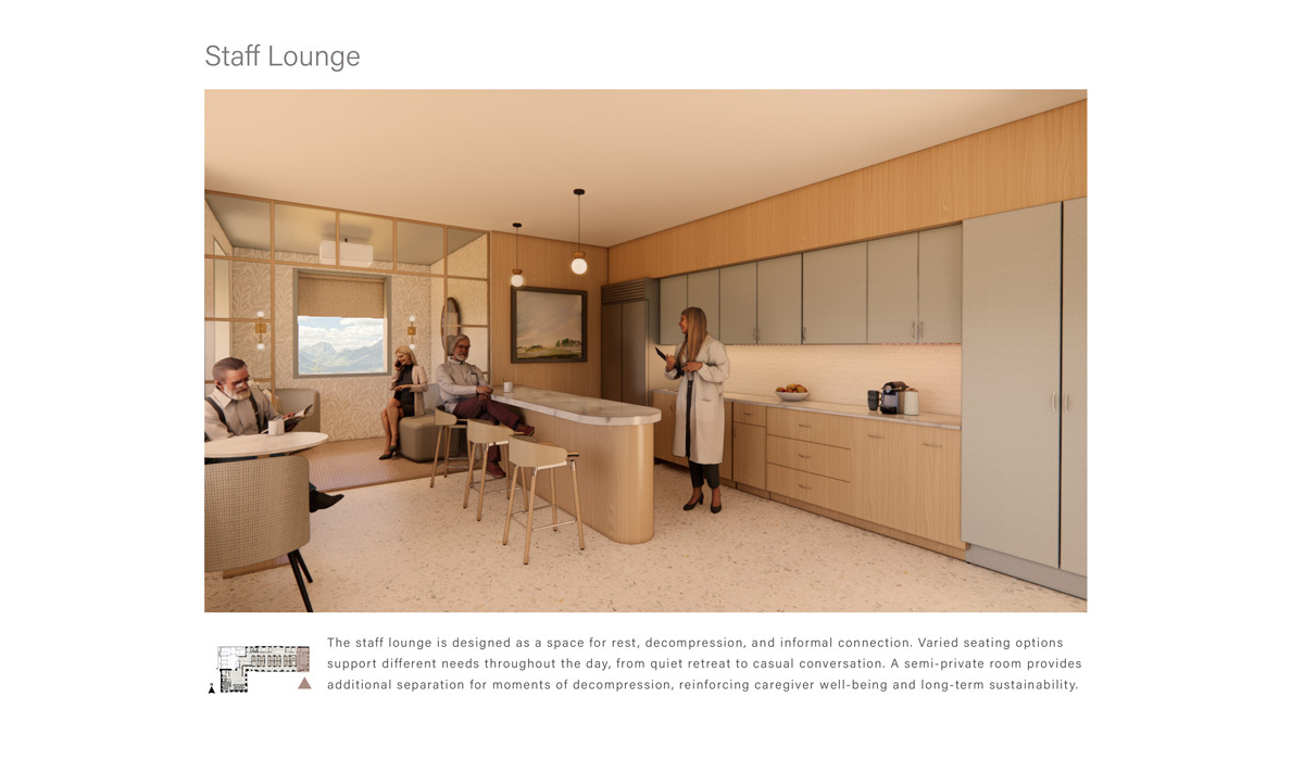 A modern staff lounge featuring varied seating for relaxation and conversation, with warm wood tones and a semi-private area for decompression.