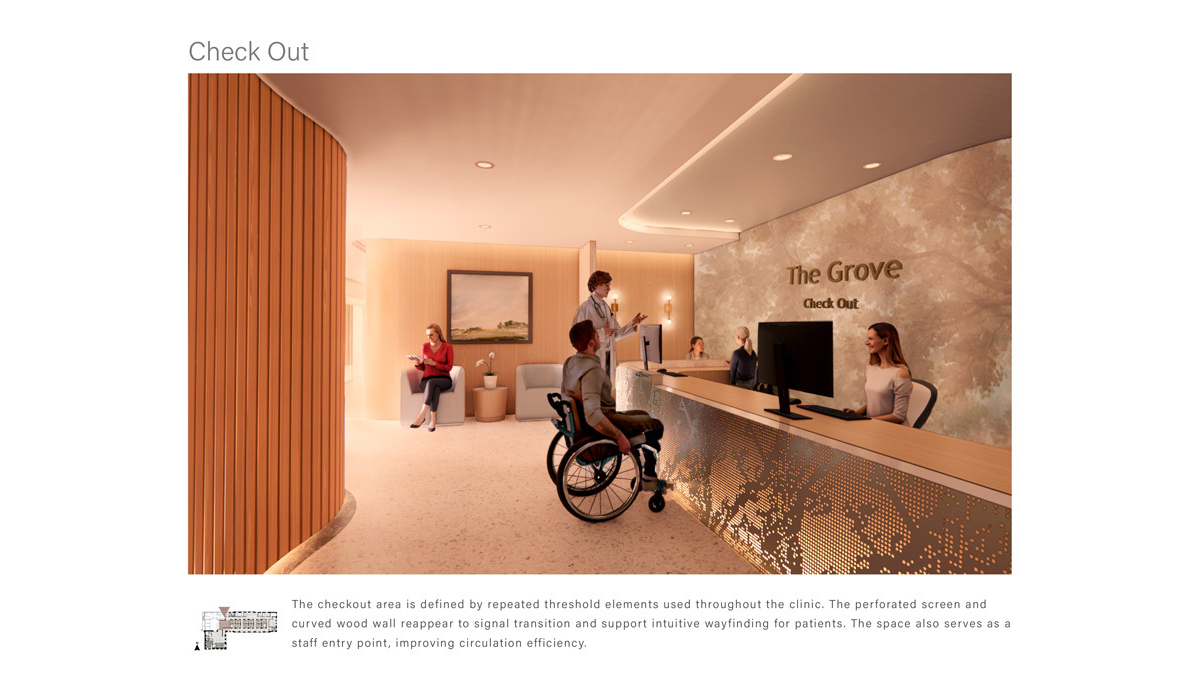 A modern checkout area with a reception desk, featuring staff interacting with a patient in a wheelchair, surrounded by inviting décor.