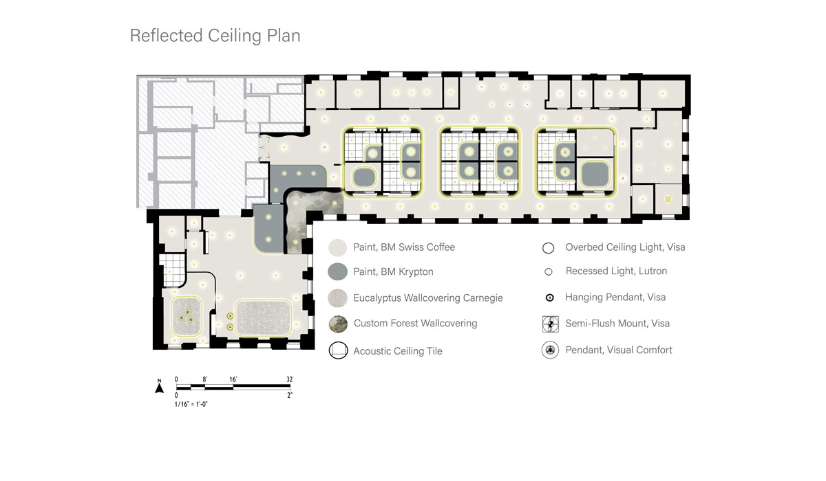 Reflected ceiling plan showing layout of lighting fixtures, wall coverings, and paint colors in a commercial space. Design elements detailed.