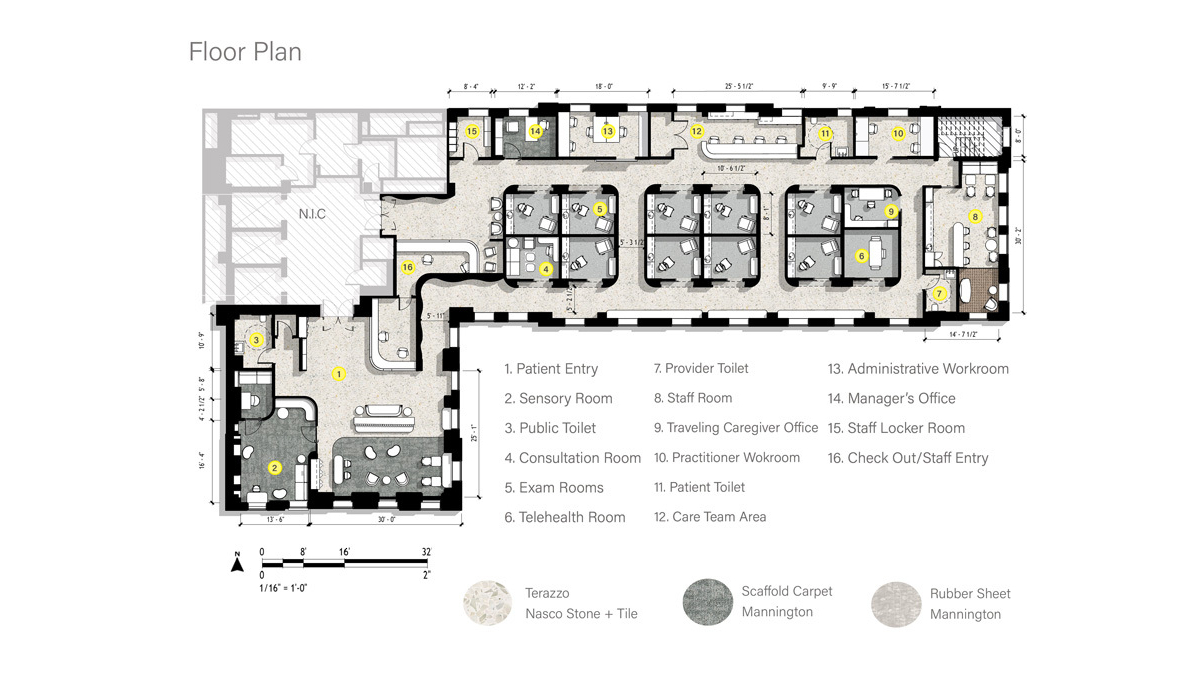 This detailed floor plan outlines various rooms including patient entry, consult rooms, staff areas, and telehealth, with designated amenities.
