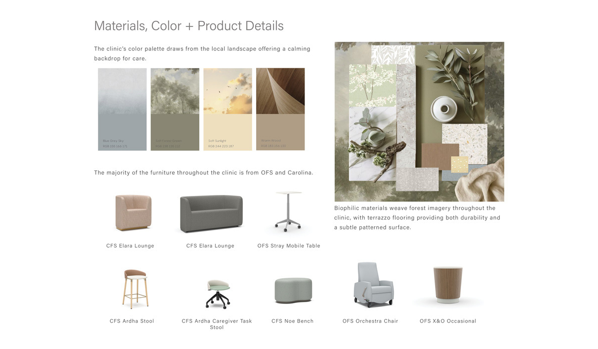 The clinic's design features a calming color palette inspired by nature, showcasing biophilic materials and modern furniture selections.