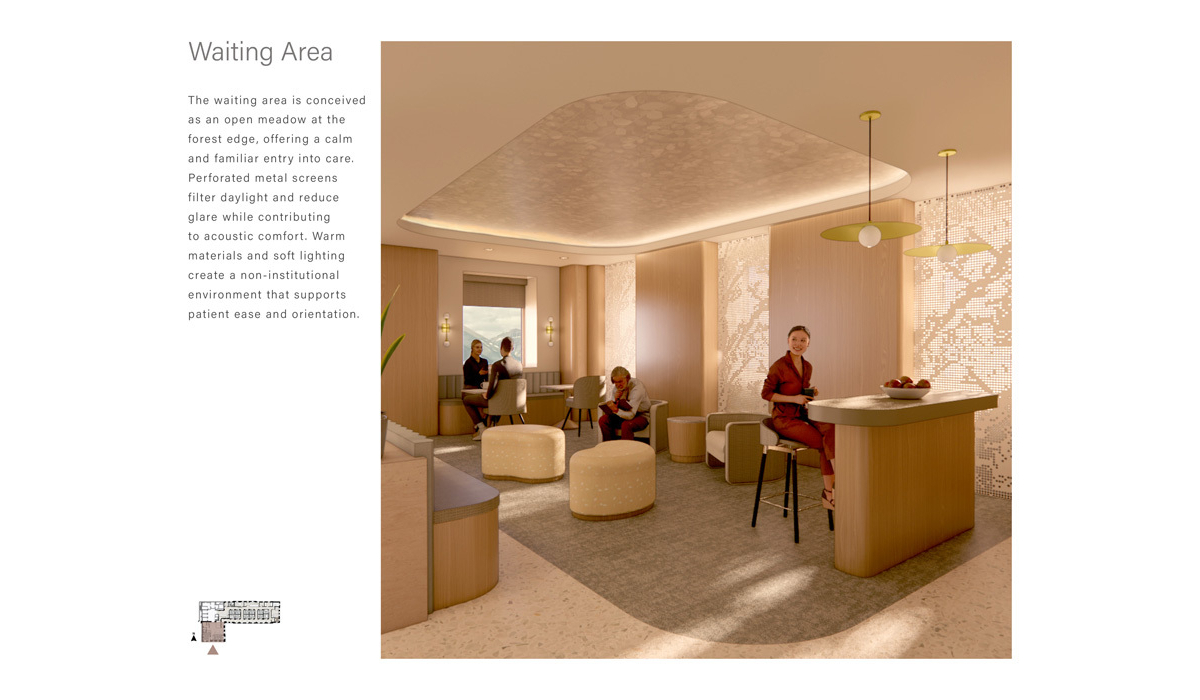 A serene waiting area inspired by a meadow features warm materials, soft lighting, and perforated screens for comfort and ease of orientation.