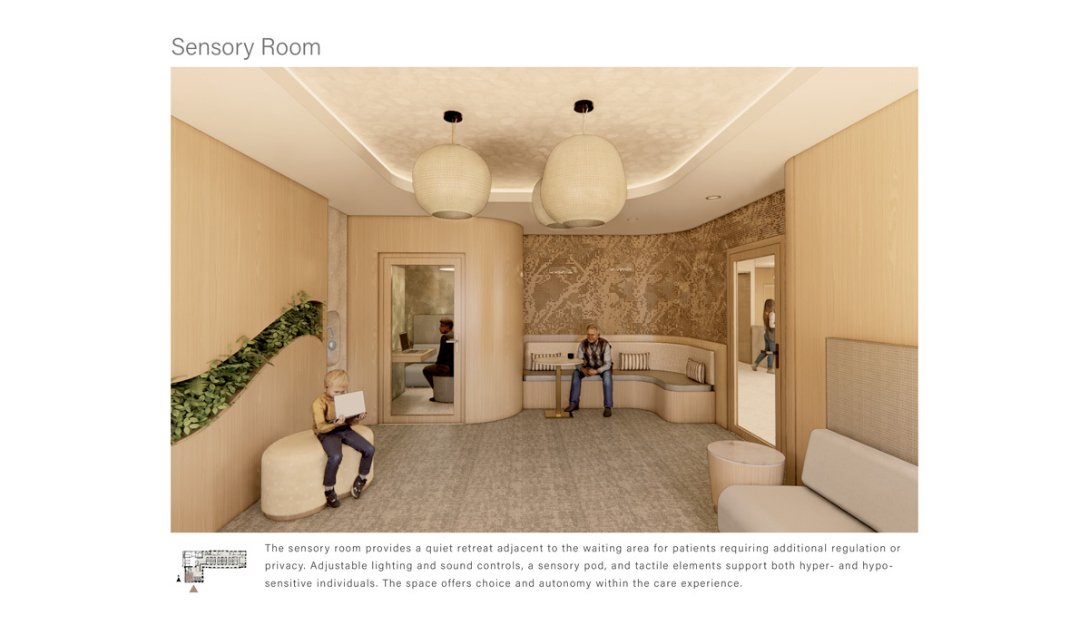 A modern sensory room designed for patients needing calm and privacy, featuring adaptable lighting, sound controls, and comforting textures.
