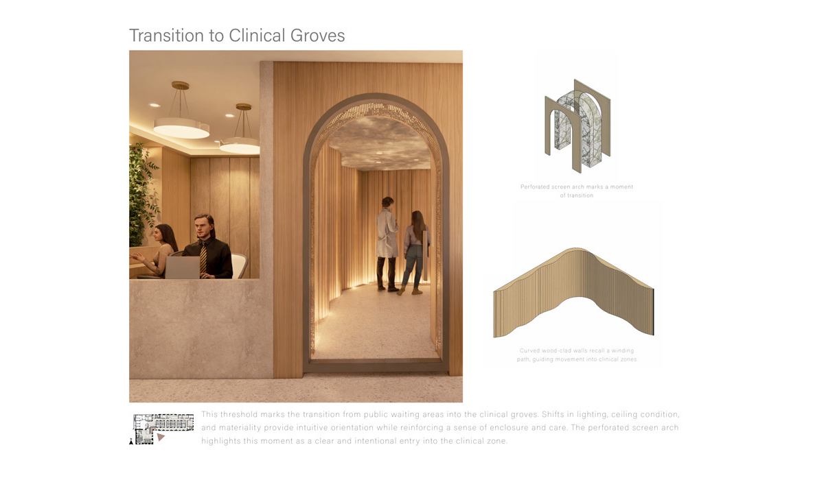 A modern clinic entrance showcases a welcoming arch, with warm wood finishes and subtle lighting guiding patients into a tranquil environment.