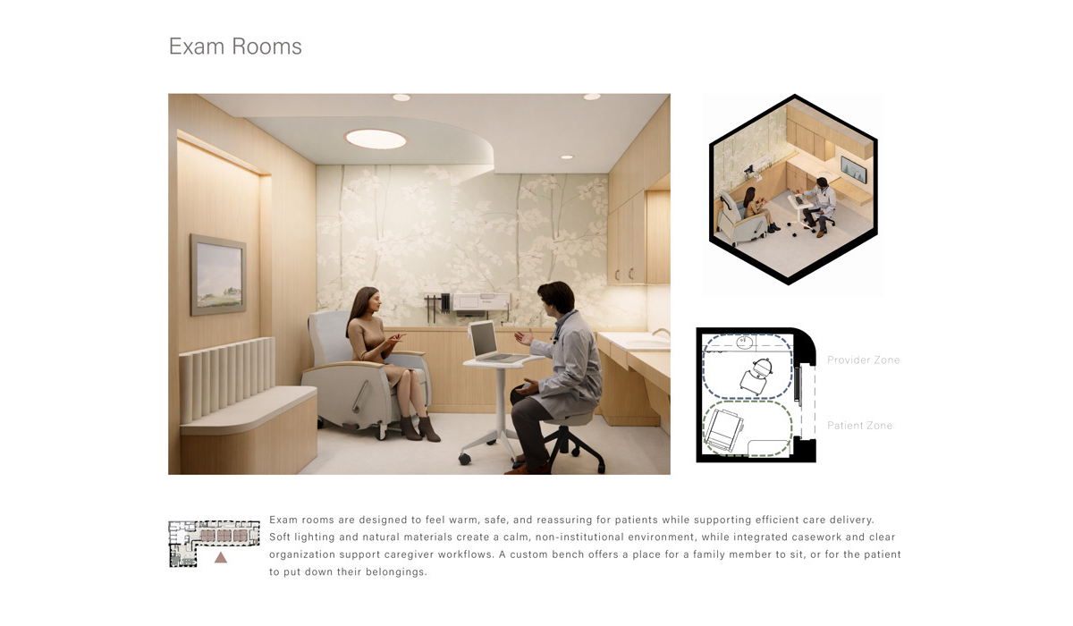 A modern exam room features soft lighting, natural materials, and distinct zones for patient and provider interactions. The design promotes comfort.