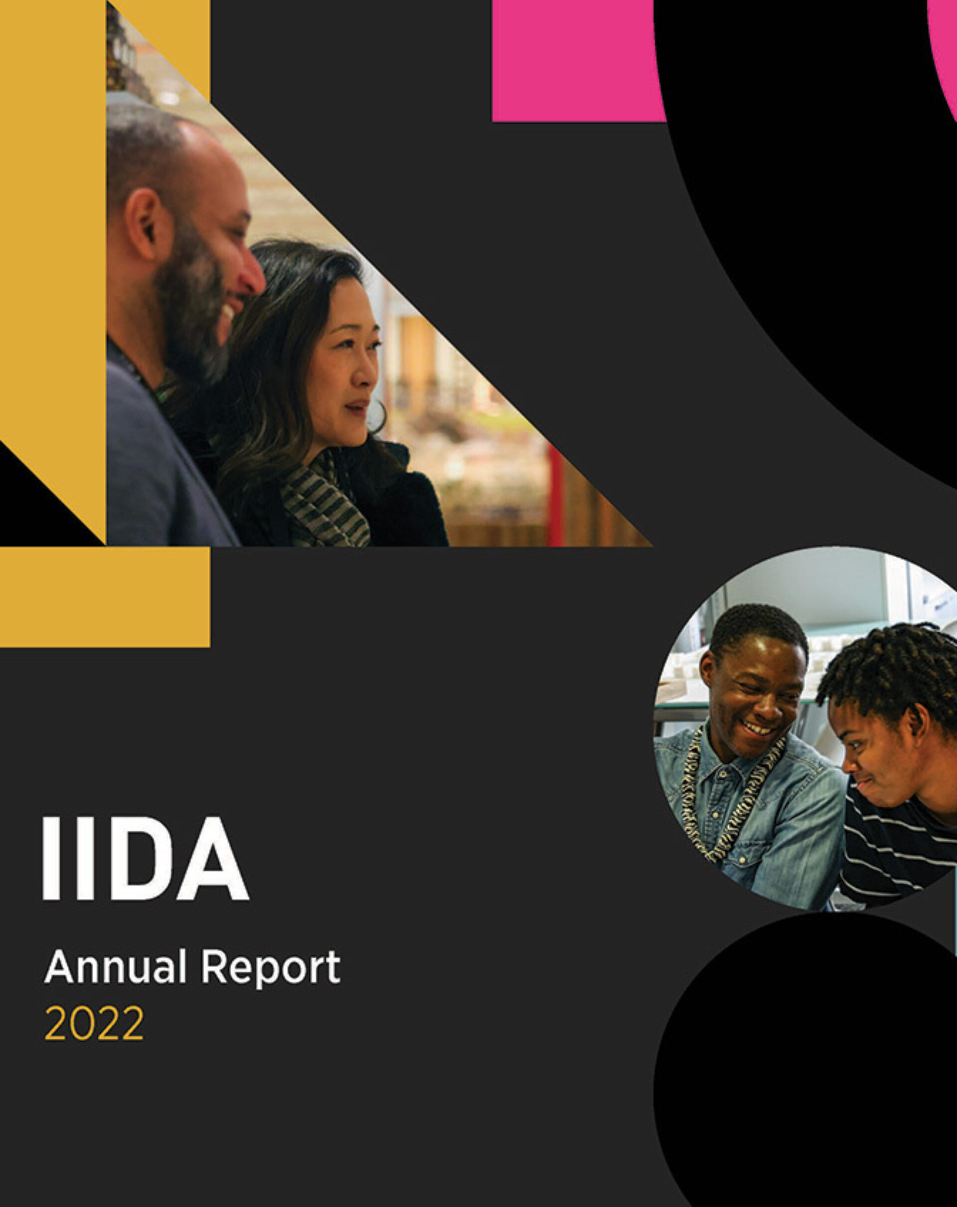 The IIDA Annual Report 2022 features a modern design with vibrant colors. People engage in conversation, reflecting collaboration and community.