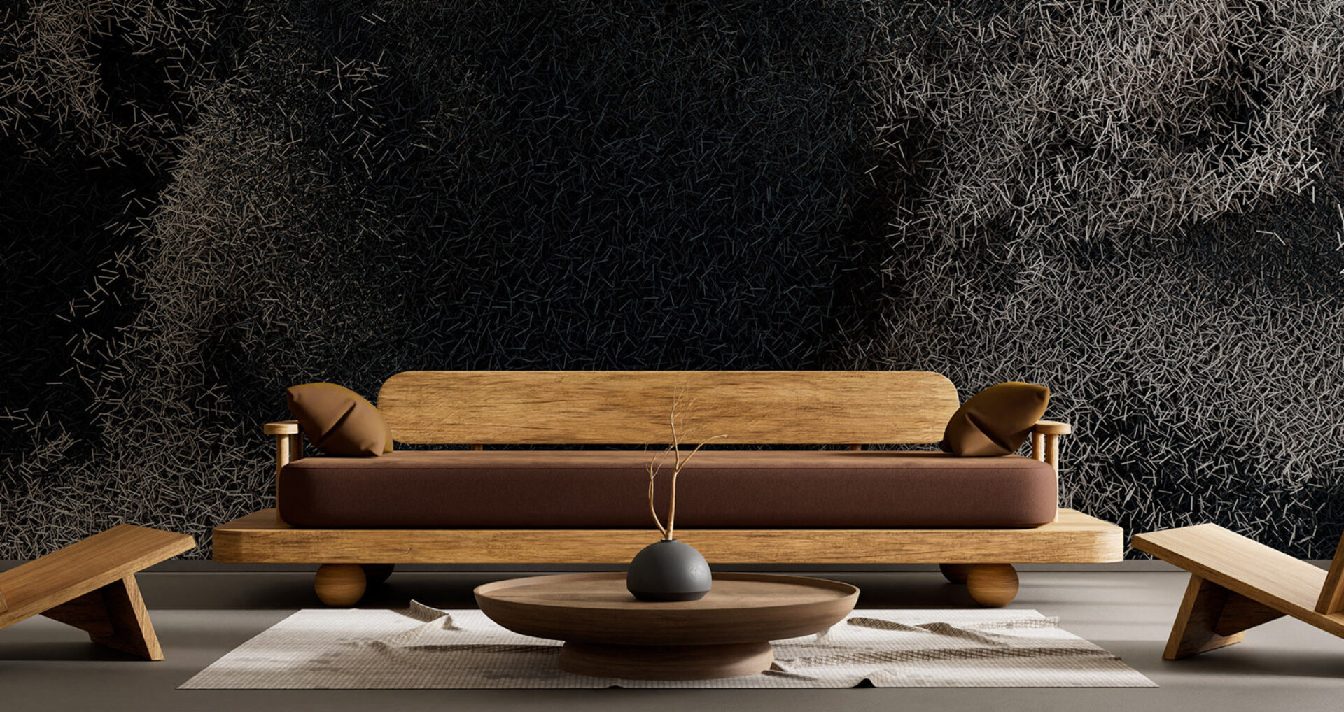A modern living space featuring a wooden sofa and table against a textured black wall, accented with minimalist decor and cushions.
