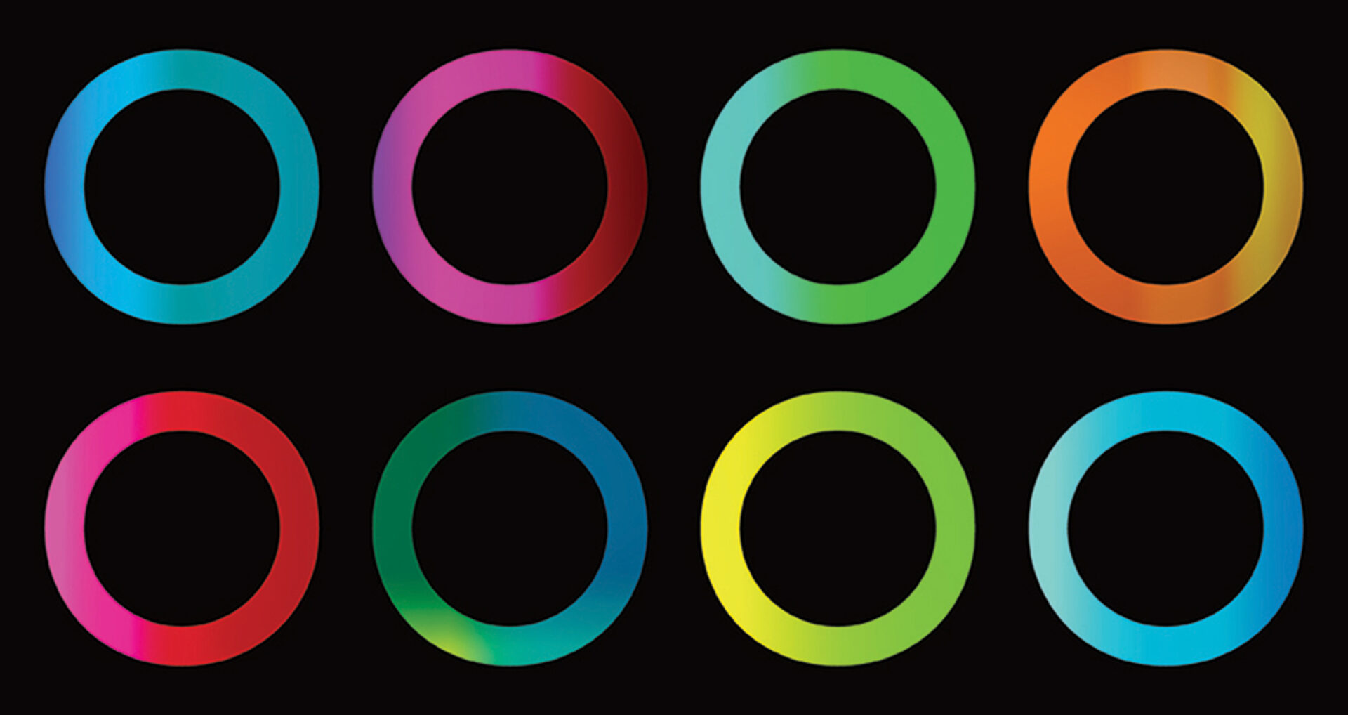 Eight gradient rings in two rows of four on a black field, glossy bands showing cyan, magenta, mint, orange, red, teal, lime, and sky-blue.