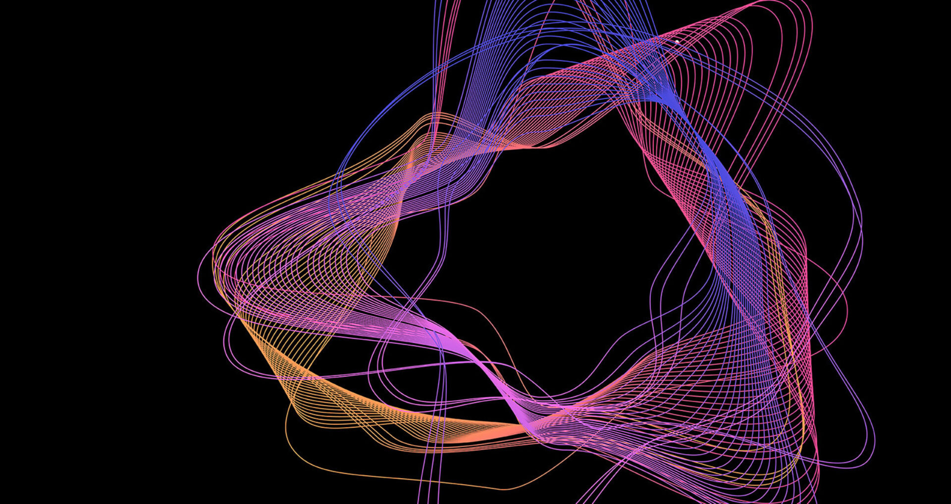 Black background with intertwining neon lines in pink, purple, blue and orange forming a looping wavy hexagonal frame around a central void.