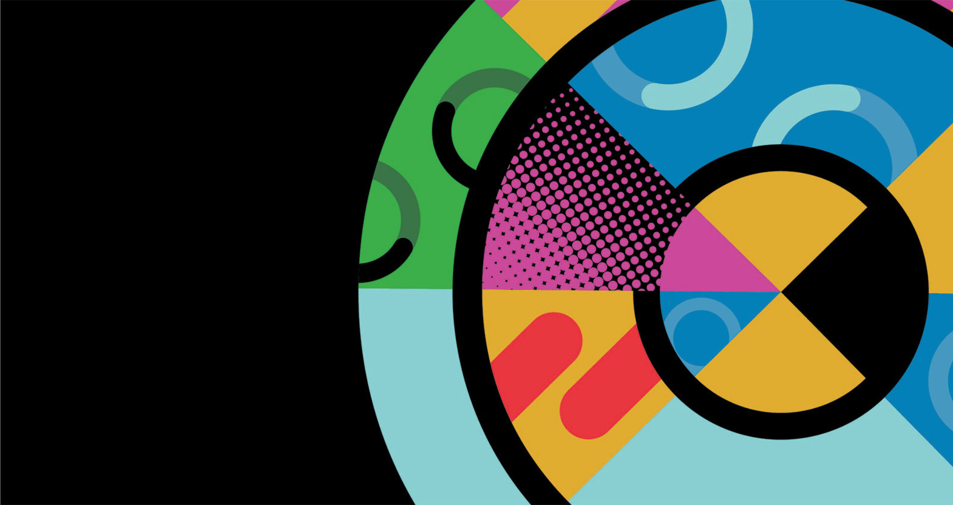 Black left half contrasts with a large colorful concentric circle on the right, divided into teal, green, blue, yellow, magenta, red.