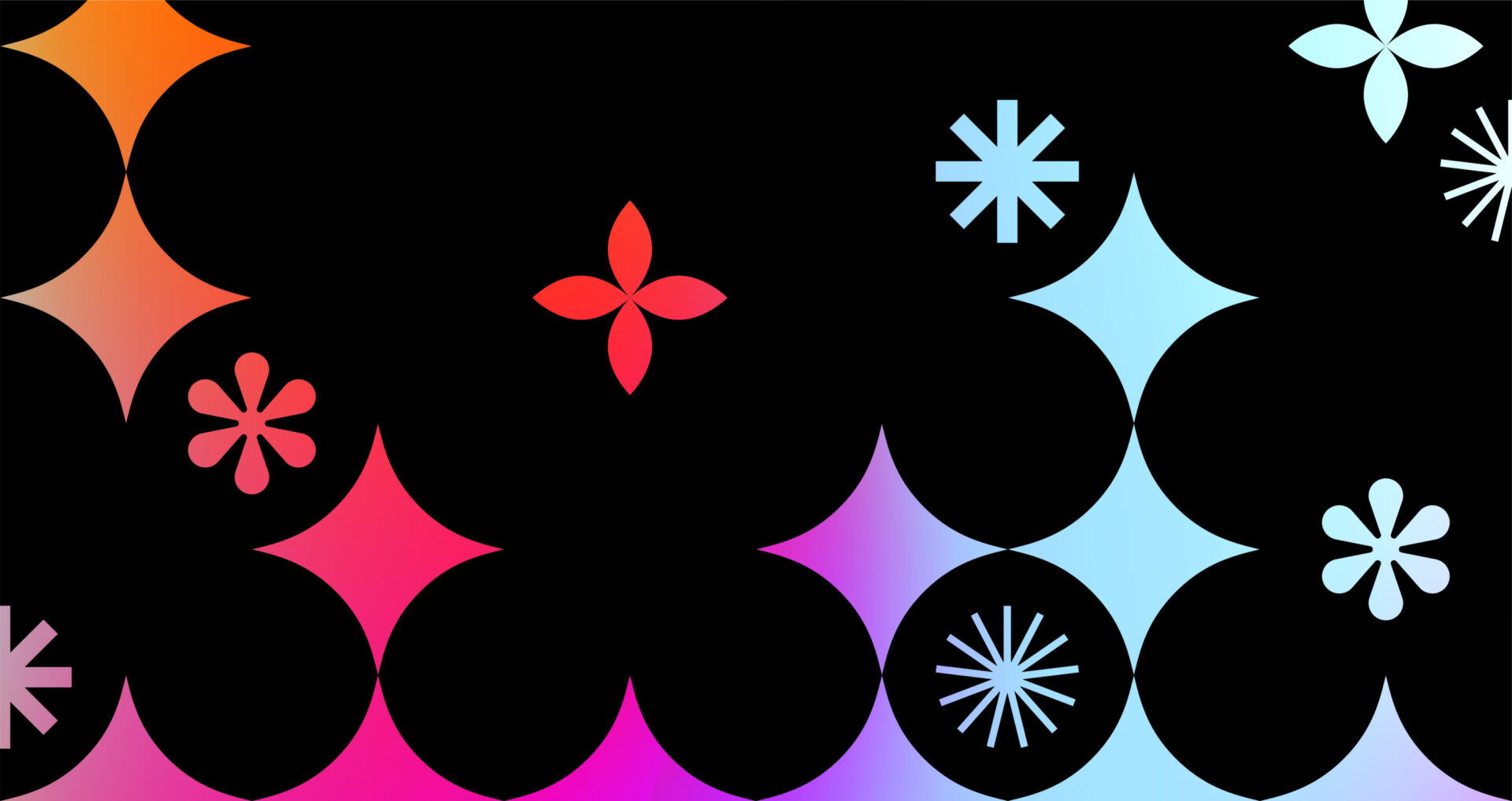 A vibrant design featuring colorful geometric shapes, stars, and floral patterns on a black background, creating a lively atmosphere.