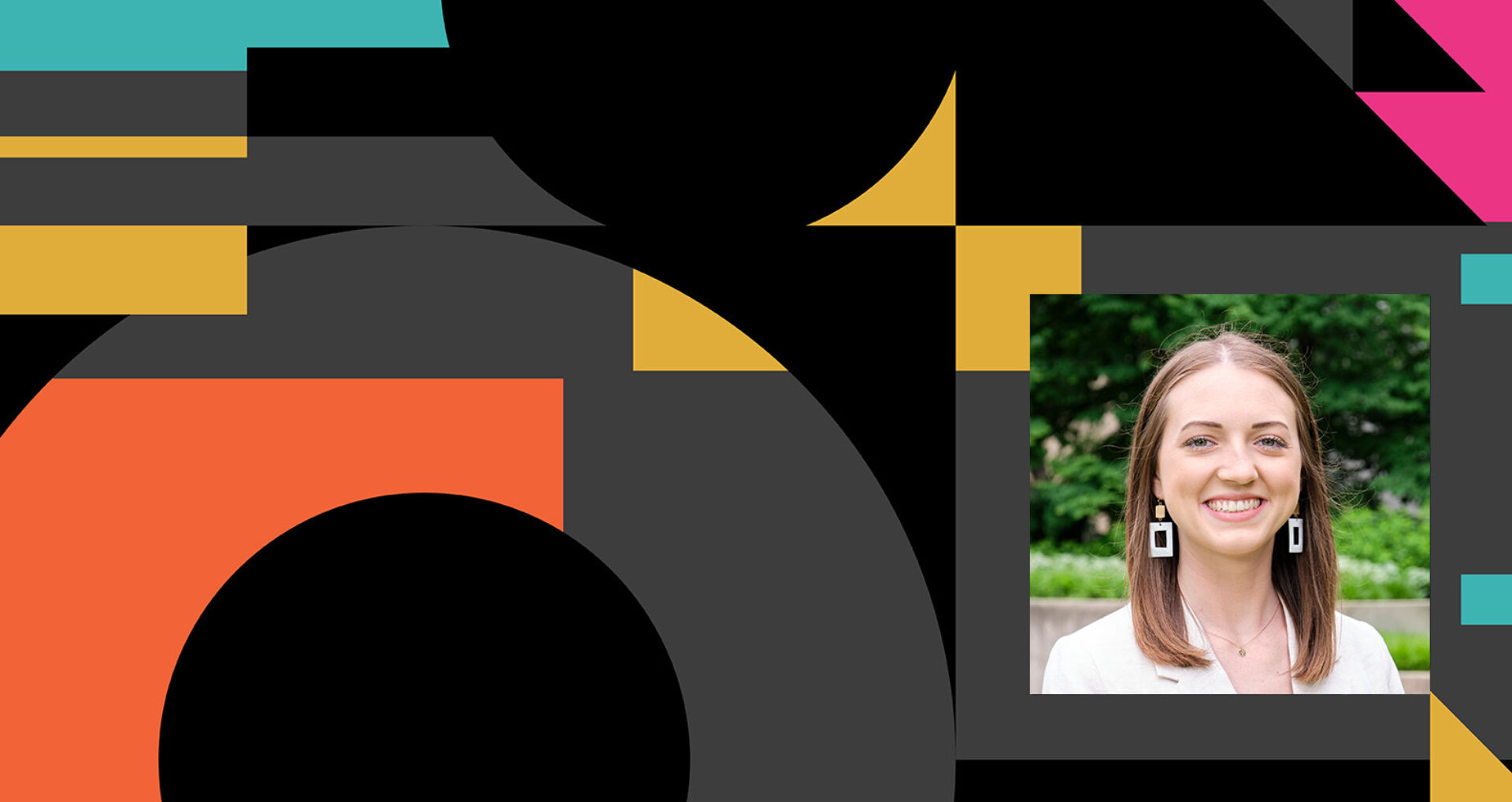 A young woman smiles while wearing stylish earrings and a light blazer, framed by colorful geometric shapes and nature in the background.