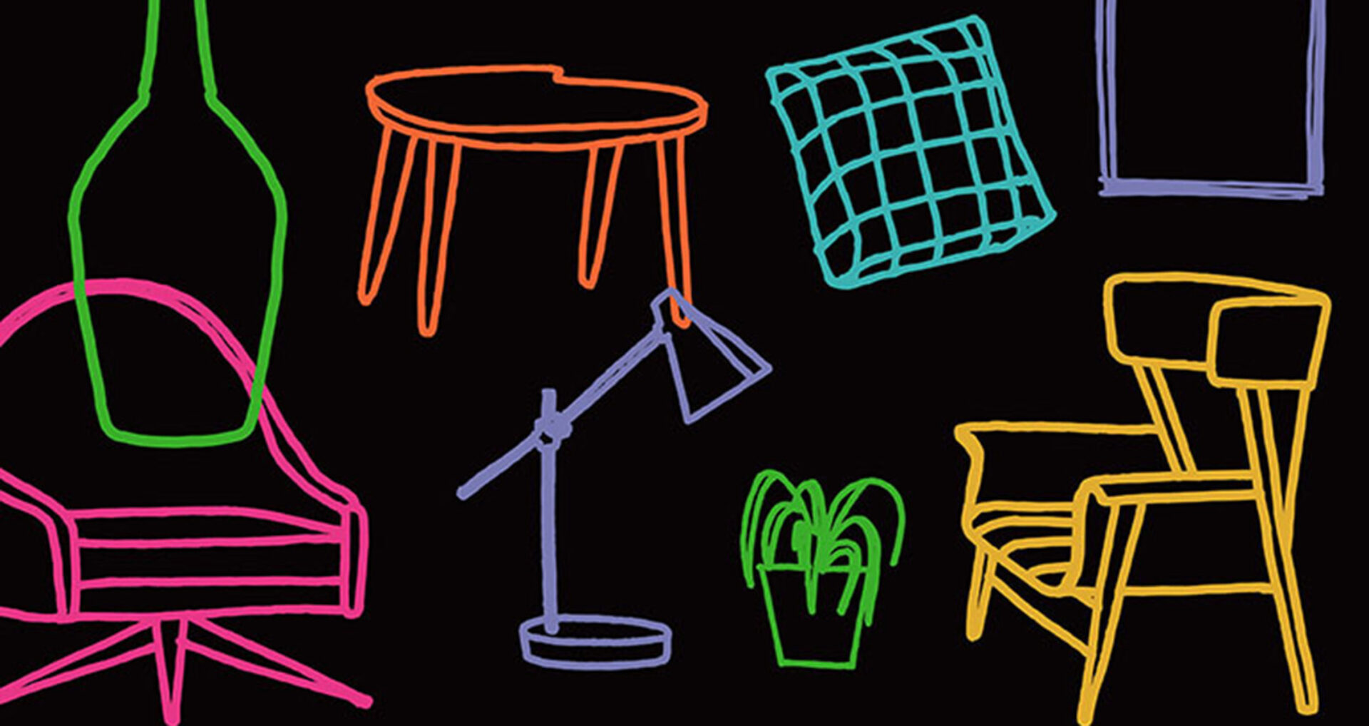 Neon line drawings on black showing midcentury furniture: pink swivel chair, yellow armchair, orange stool, purple lamp, green plant.
