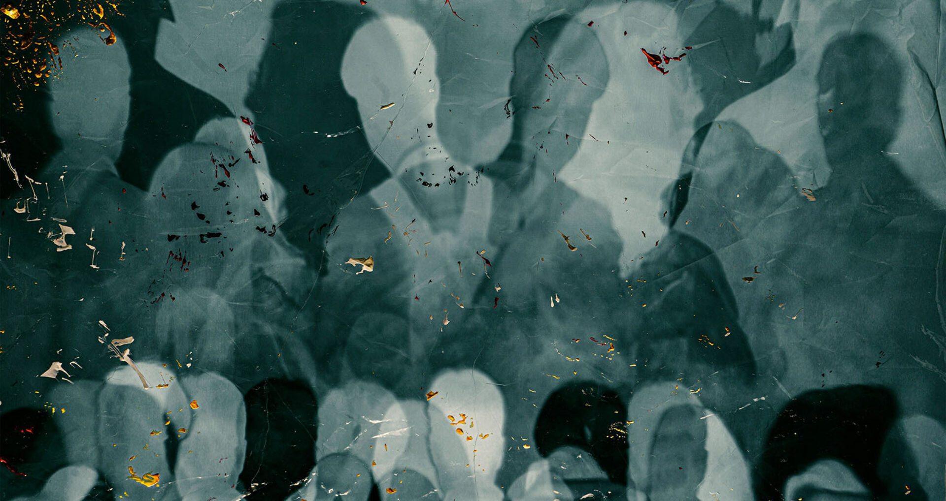 Abstract shadows of human figures blend together against a textured, multicolored backdrop, creating a hauntingly ethereal composition.