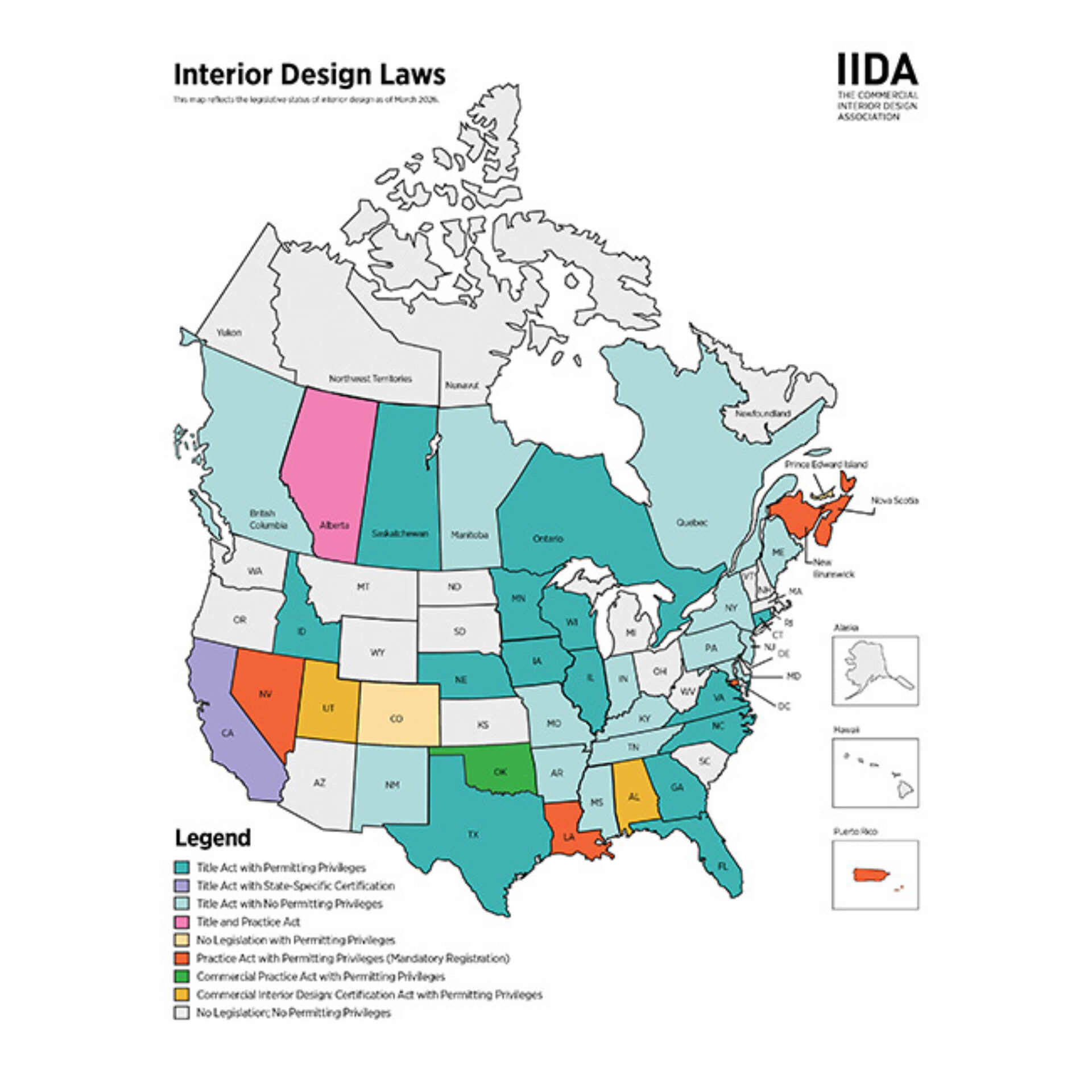 Map depicting North America's interior design laws, showing states and provinces with varying regulatory statuses indicated by color coding.