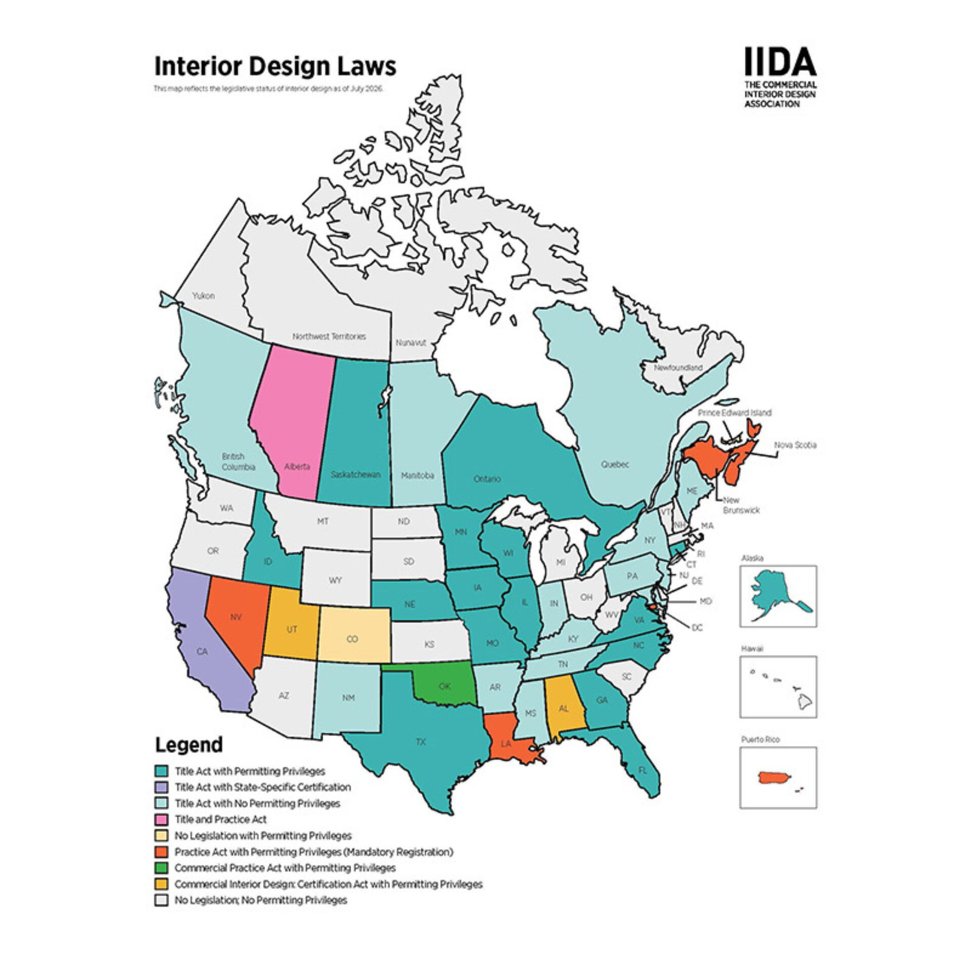 Color-coded North America map showing interior design laws by U.S. state, Canadian province and Mexican region, with legend and insets.