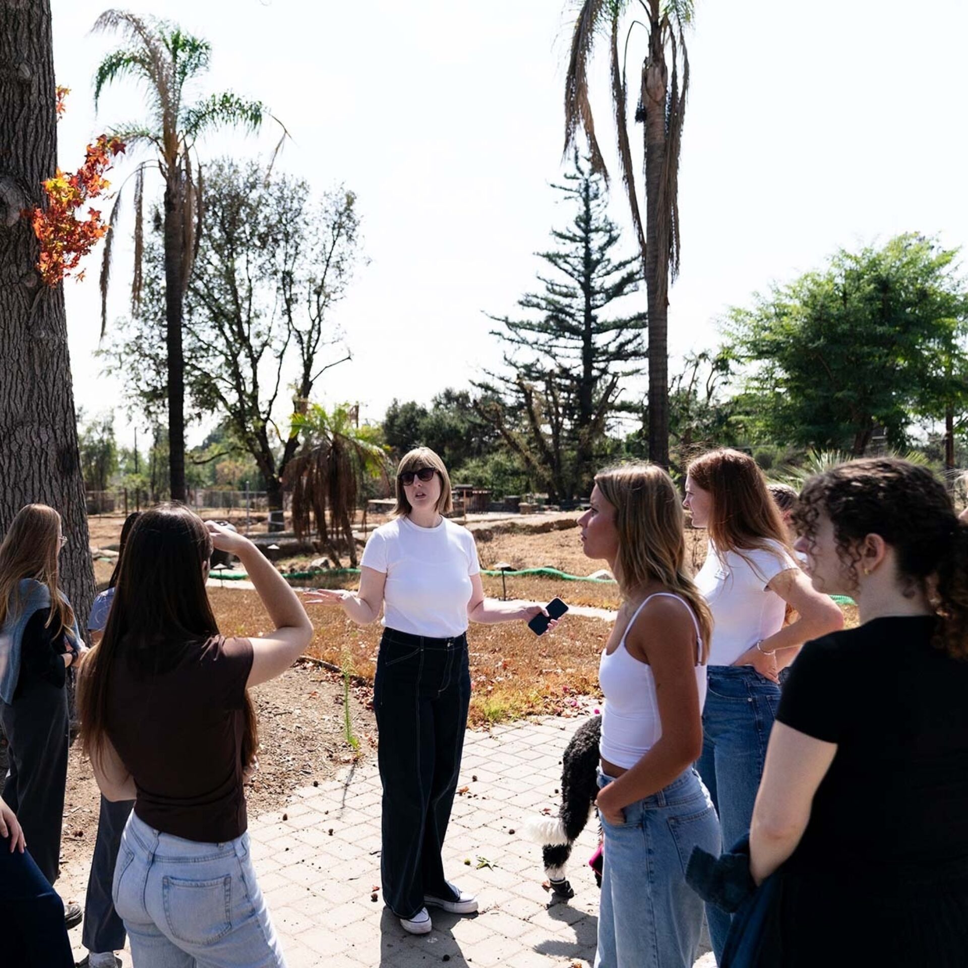 A woman in sunglasses gestures while speaking to a group of young people gathered on a sunlit paved path near dry grass and palm trees.