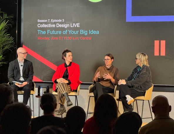 Four panelists sit on stage under a screen reading 'Collective Design LIVE,' while a woman gestures and audience silhouettes watch.