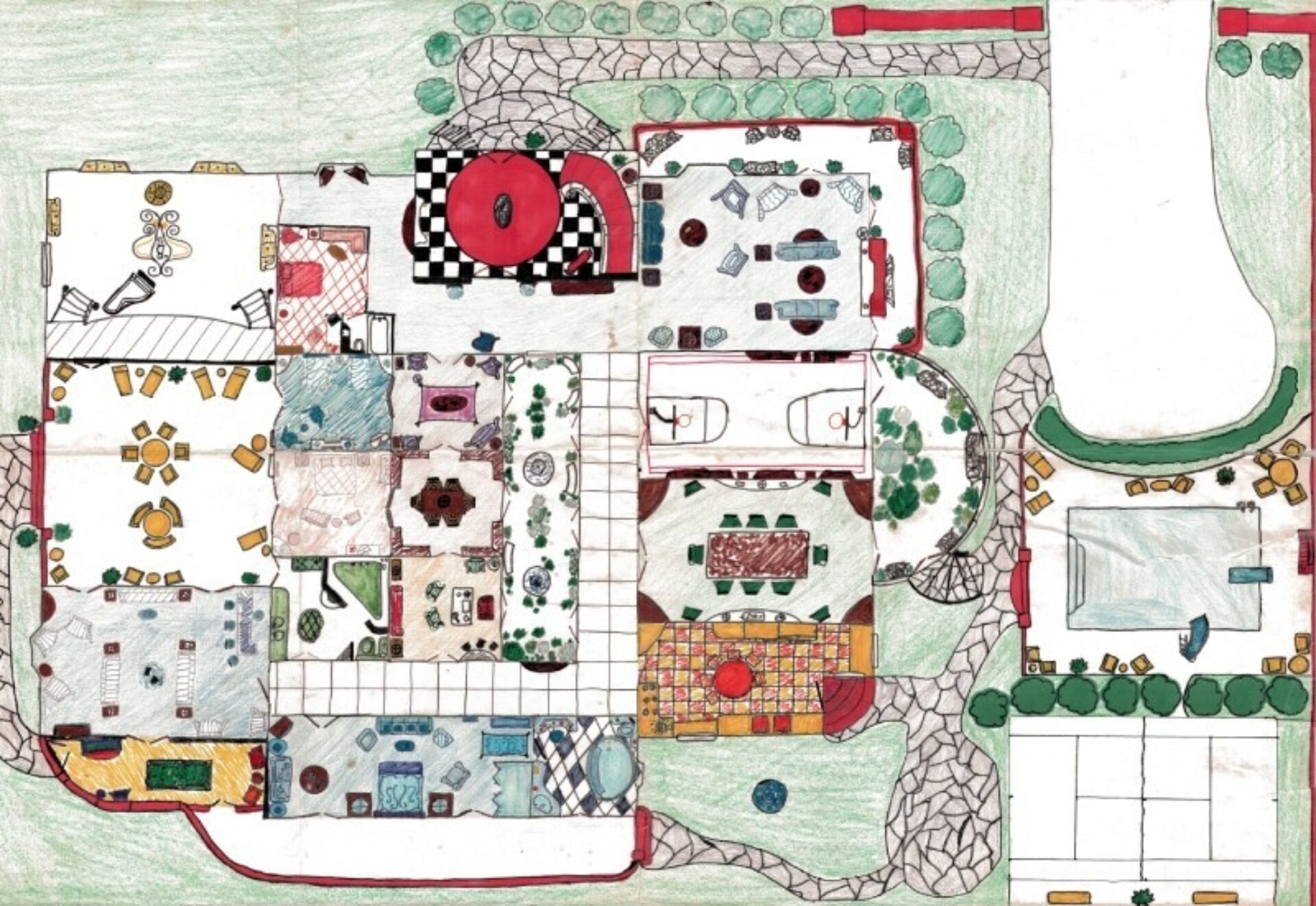Hand-drawn colored architectural floor plan overhead showing rooms, courtyard, red circular atrium, pool, tennis court, patios, gardens.