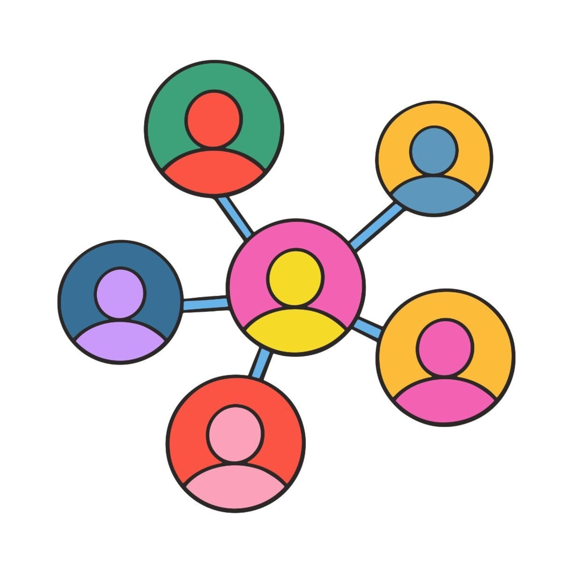 A central figure in pink is connected to six colored circles representing people, illustrating networking or collaboration concepts.