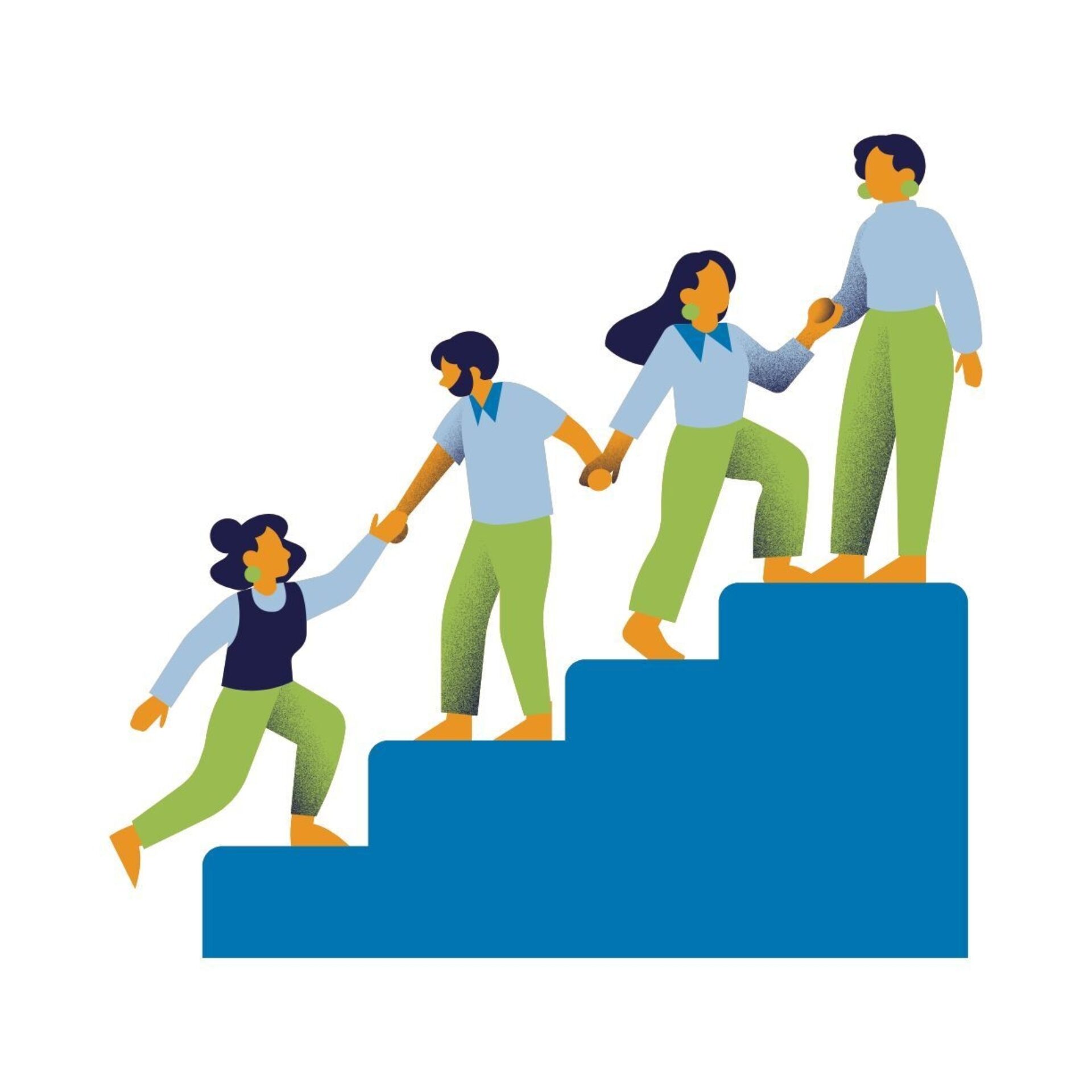 Four diverse individuals ascend a series of blue steps, helping one another as they climb together in a supportive manner.
