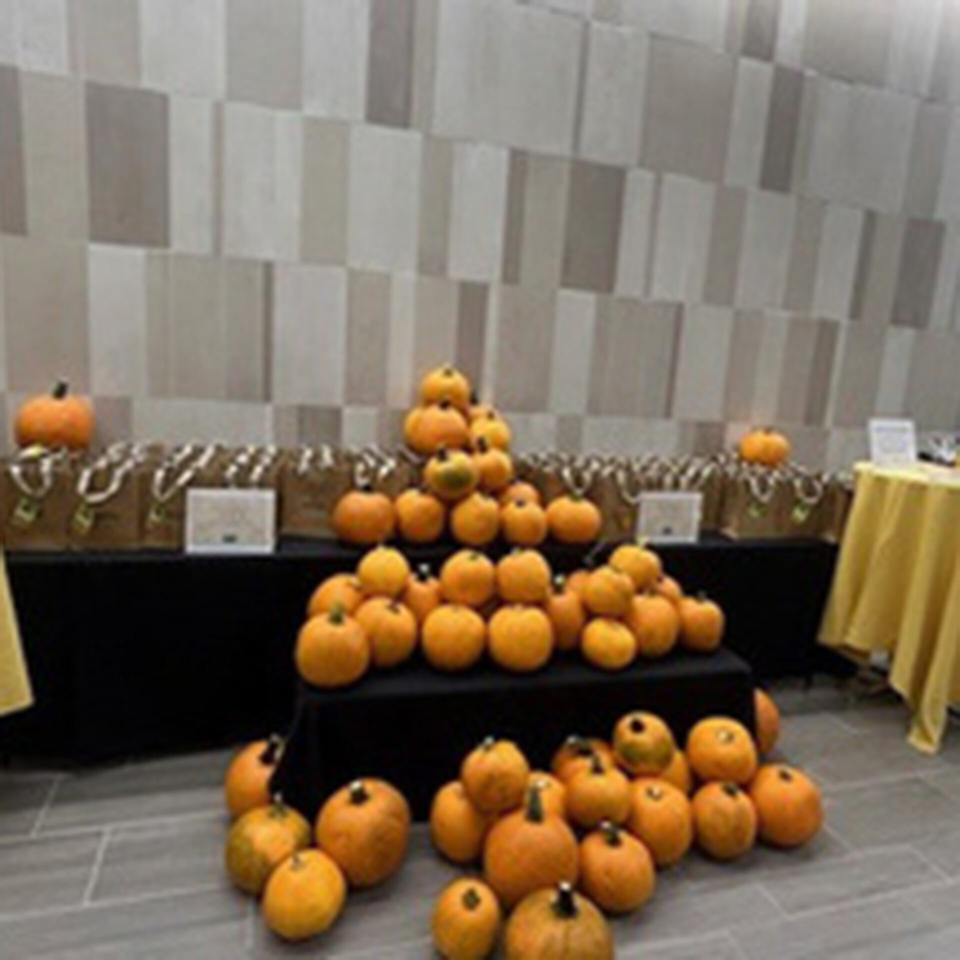 A display featuring numerous orange pumpkins arranged on tables, accompanied by decorative bags and a neutral-toned wall backdrop.