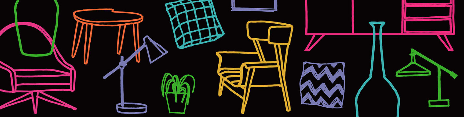 Vibrant neon sketch outlines of midcentury chairs, side table, lamps, cushions, potted plant, vase and cabinet on black background.
