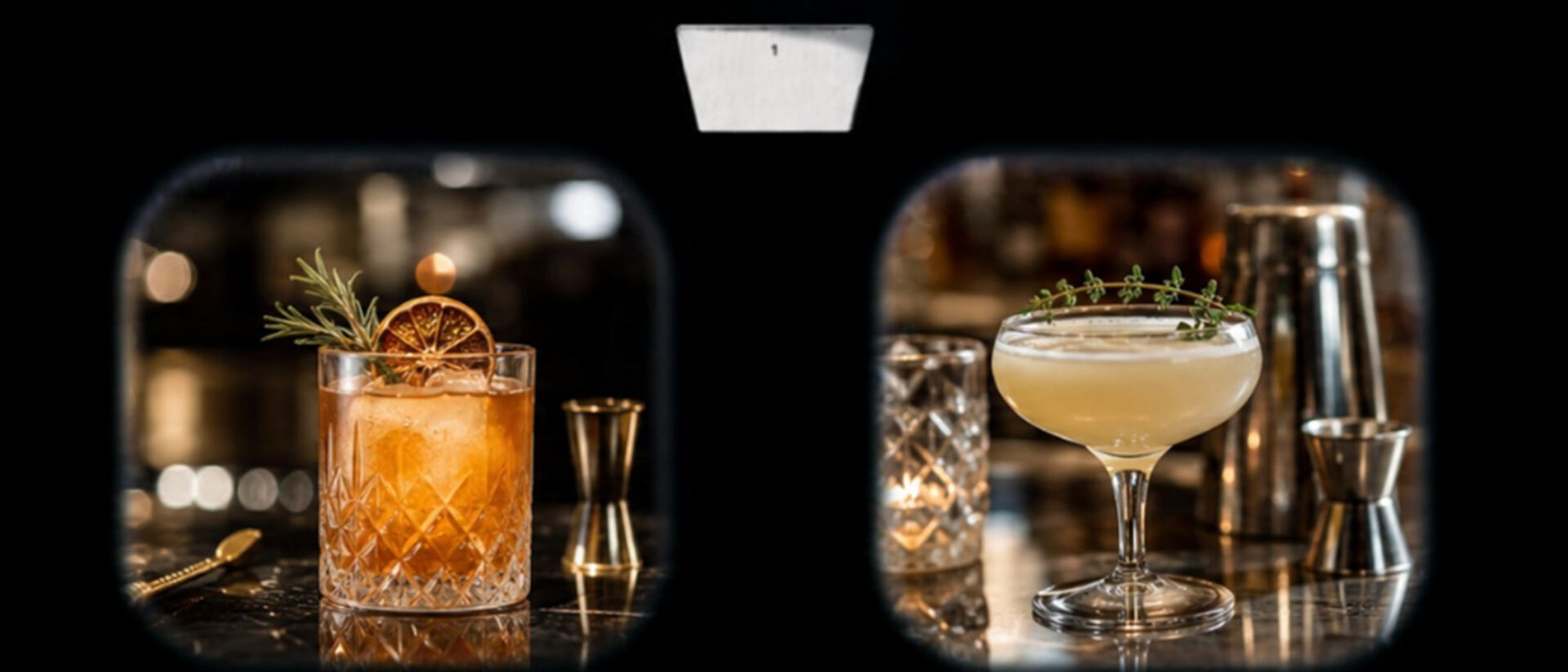Two framed cocktails: left a cut-glass amber old-fashioned with ice, dried citrus wheel and rosemary; right pale coupe garnished with thyme.