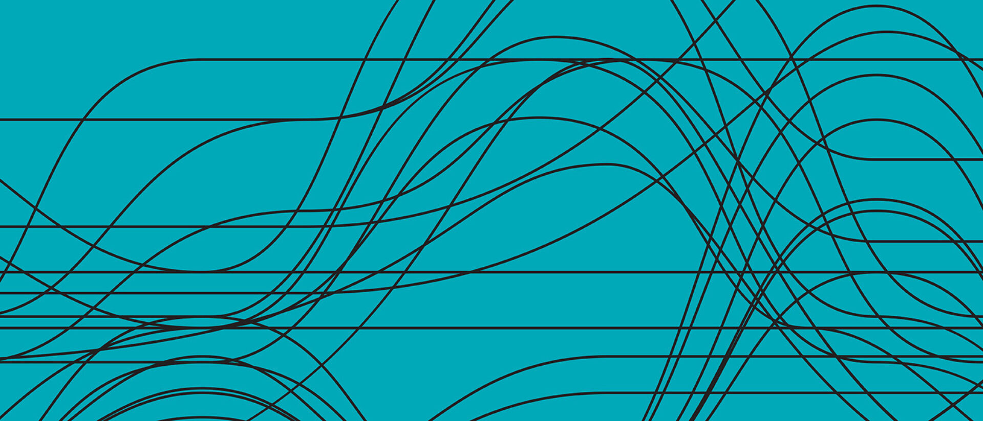 A vibrant turquoise background features dynamic black lines that create wave-like patterns, adding a sense of movement and depth.