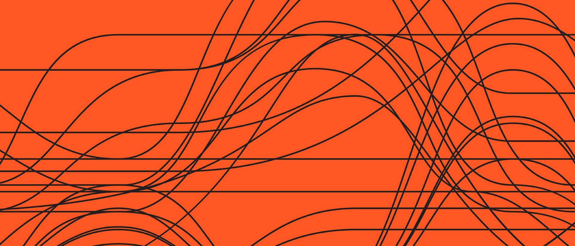 An orange background features a series of black, flowing lines and curves, creating a dynamic and abstract design.