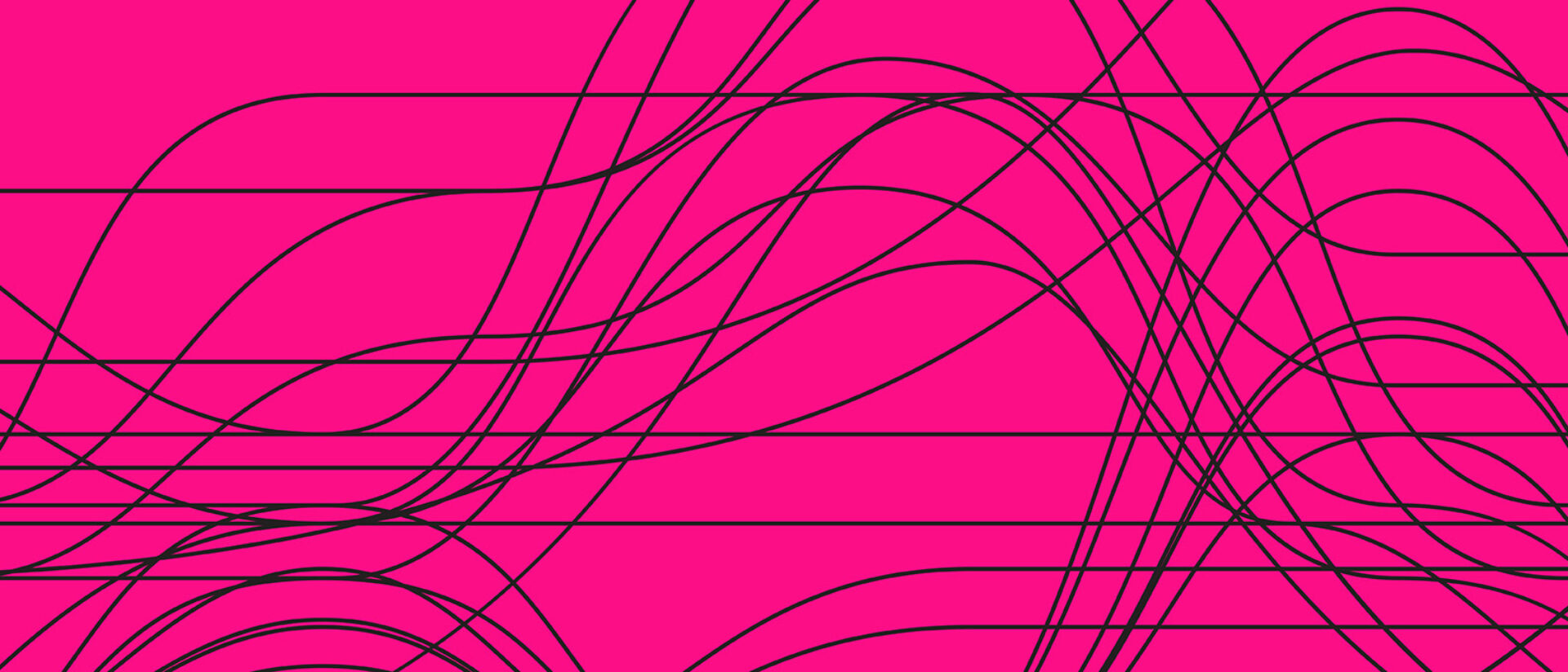 A vibrant pink background features intricate black lines and curves that weave and intersect, creating a dynamic abstract pattern.