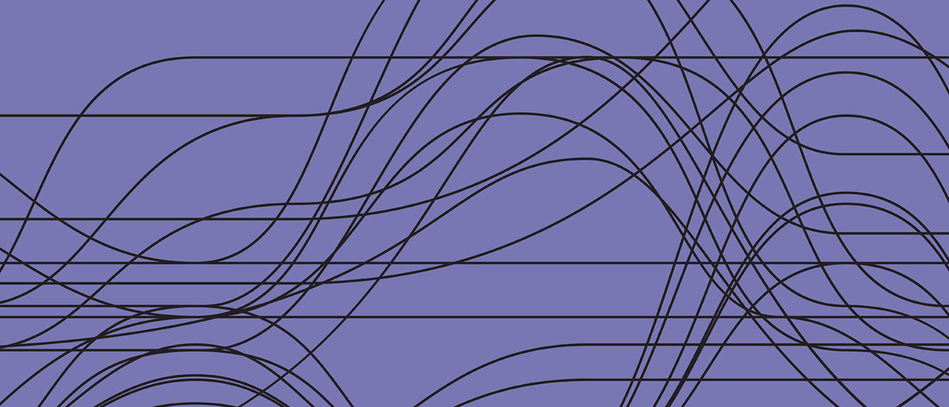 A purple background is overlaid with intricate, flowing black lines that create a dynamic, abstract pattern of waves and curves.
