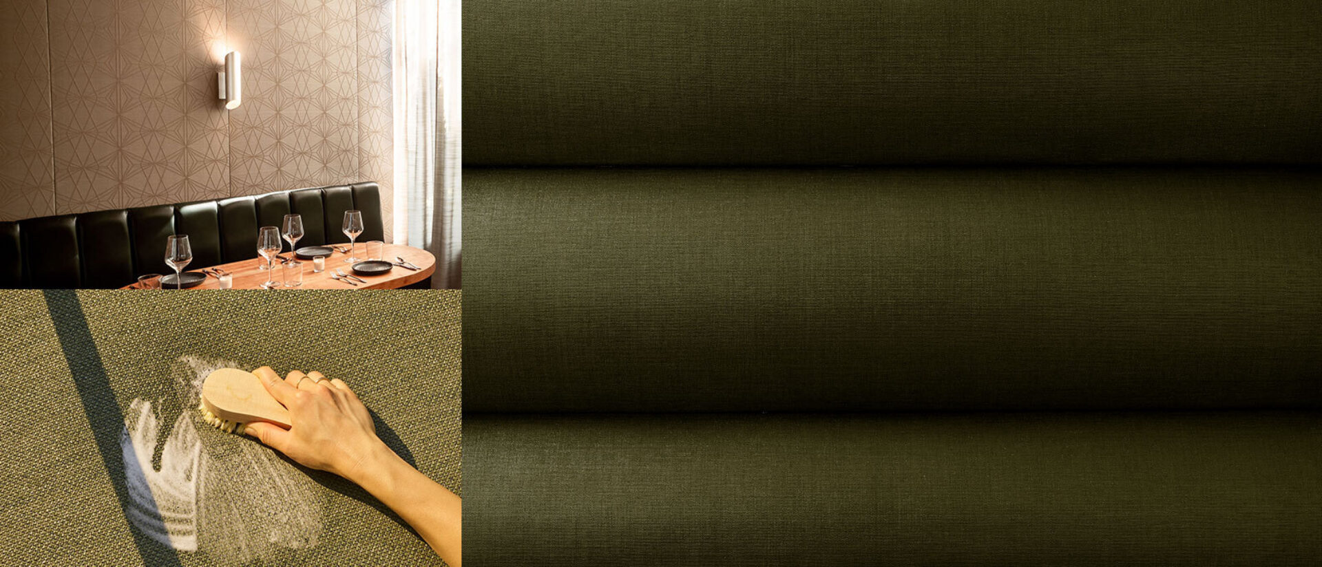 A stylish restaurant interior features elegant dining tables set with glassware, alongside a hand cleaning textured fabric.