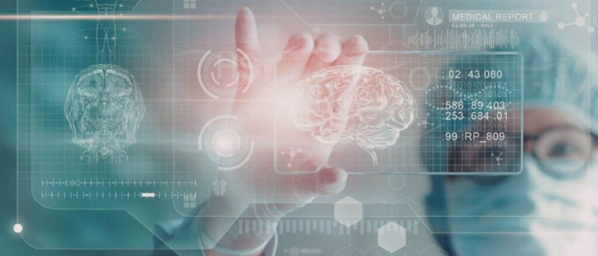 Masked medical professional touches a translucent touchscreen displaying a 3D brain scan, skull overlay, waveform data and numeric readouts.