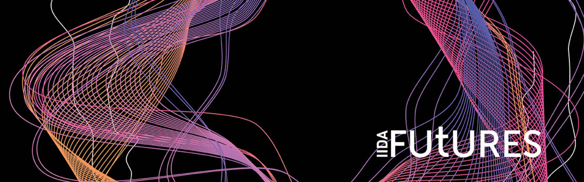 Colorful, flowing lines in shades of pink, orange, and purple swirl against a black background, featuring the text "IIDA FUTURES."
