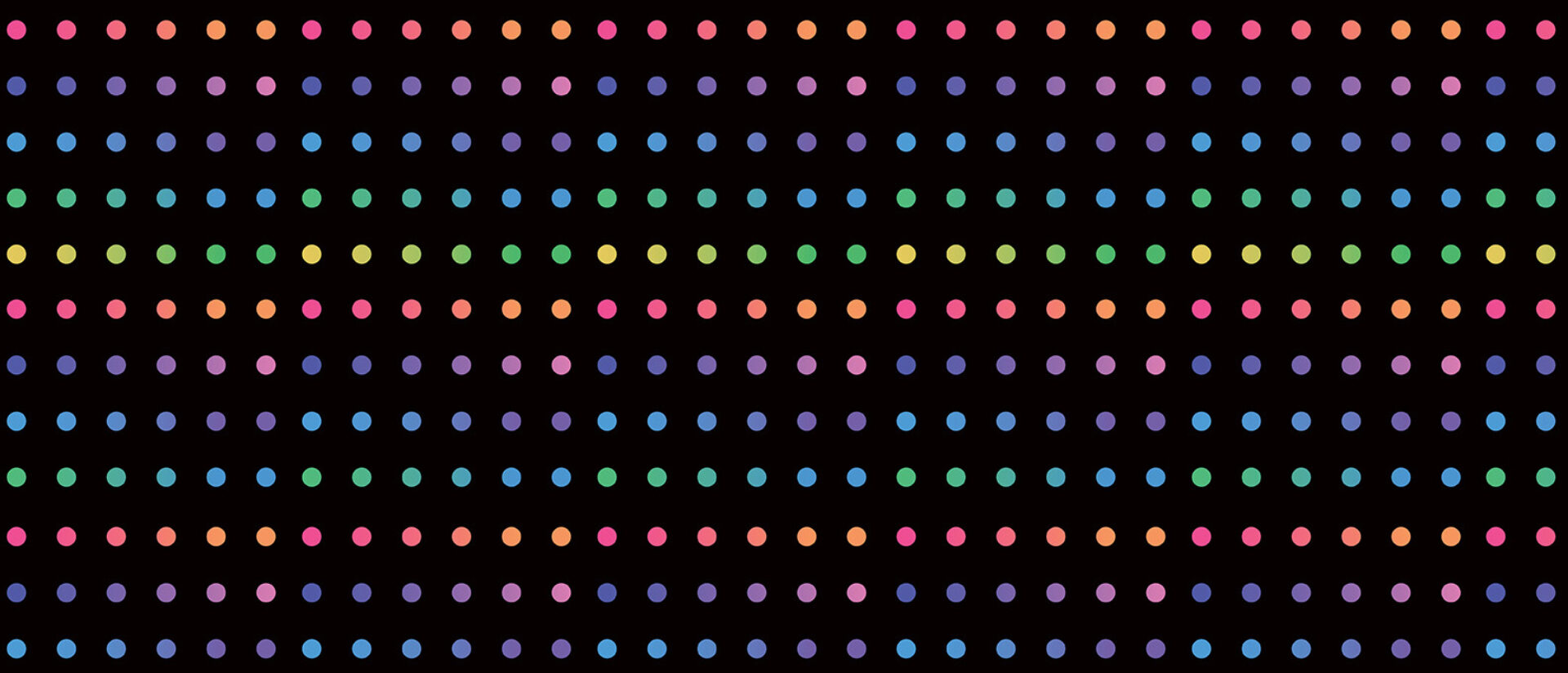 Evenly spaced pastel rainbow dots arranged in horizontal rows and columns on a deep black background, forming a repeating grid.