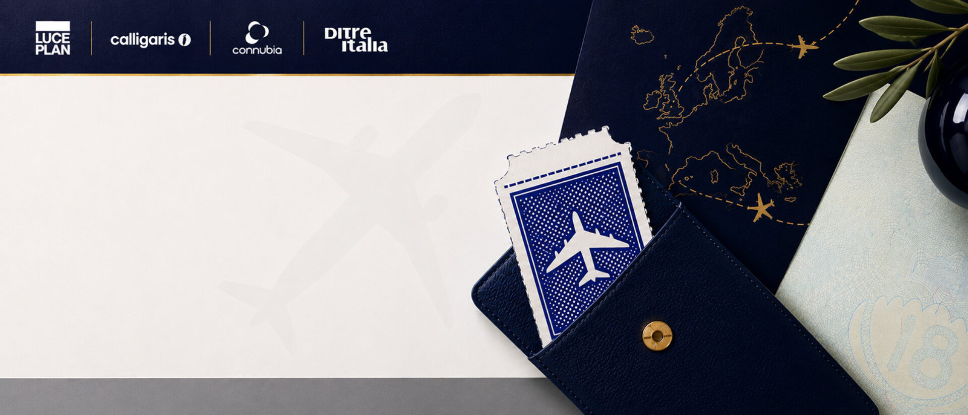 Navy leather passport holder with a blue boarding-pass stub showing an airplane, gold-traced Europe map, faint plane shadow, olive branch.