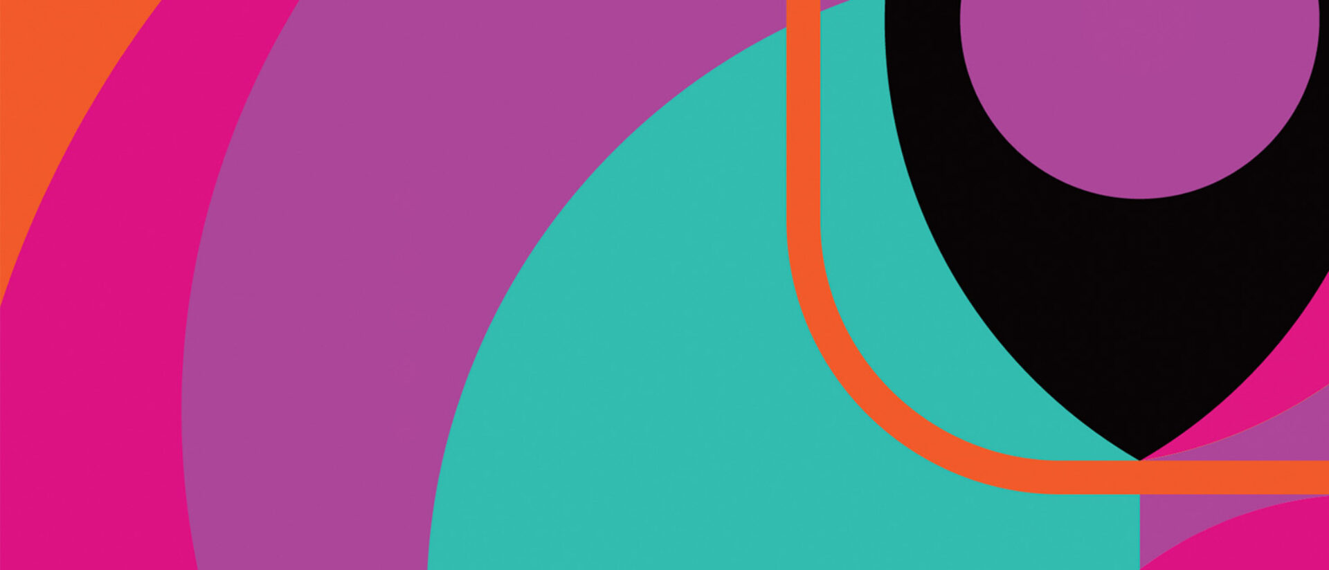 Colorful abstract design featuring swirling shapes in shades of pink, purple, turquoise, black, and orange, creating a dynamic visual composition.