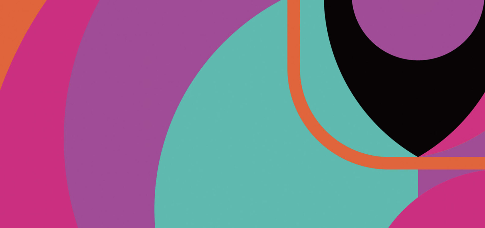 Colorful abstract design featuring curved shapes in purple, teal, black, and orange, creating a vibrant, dynamic visual experience.