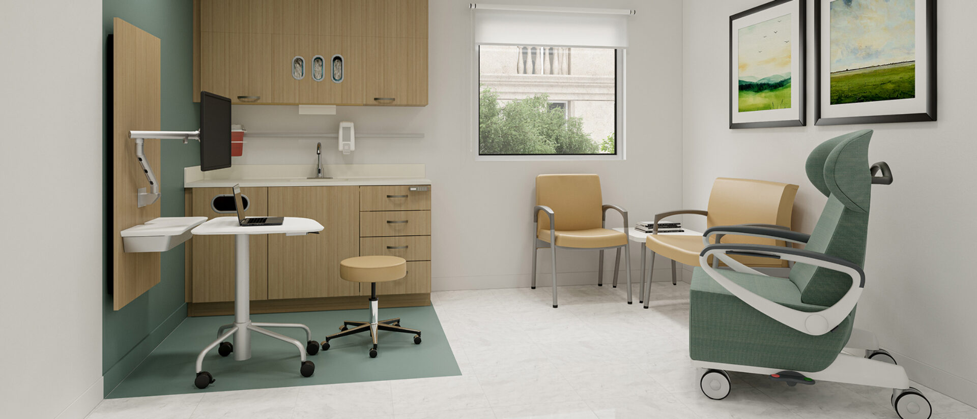 Bright medical exam room with wood cabinets and sink, mobile laptop table, teal reclining treatment chair on wheels, two tan visitor chairs.