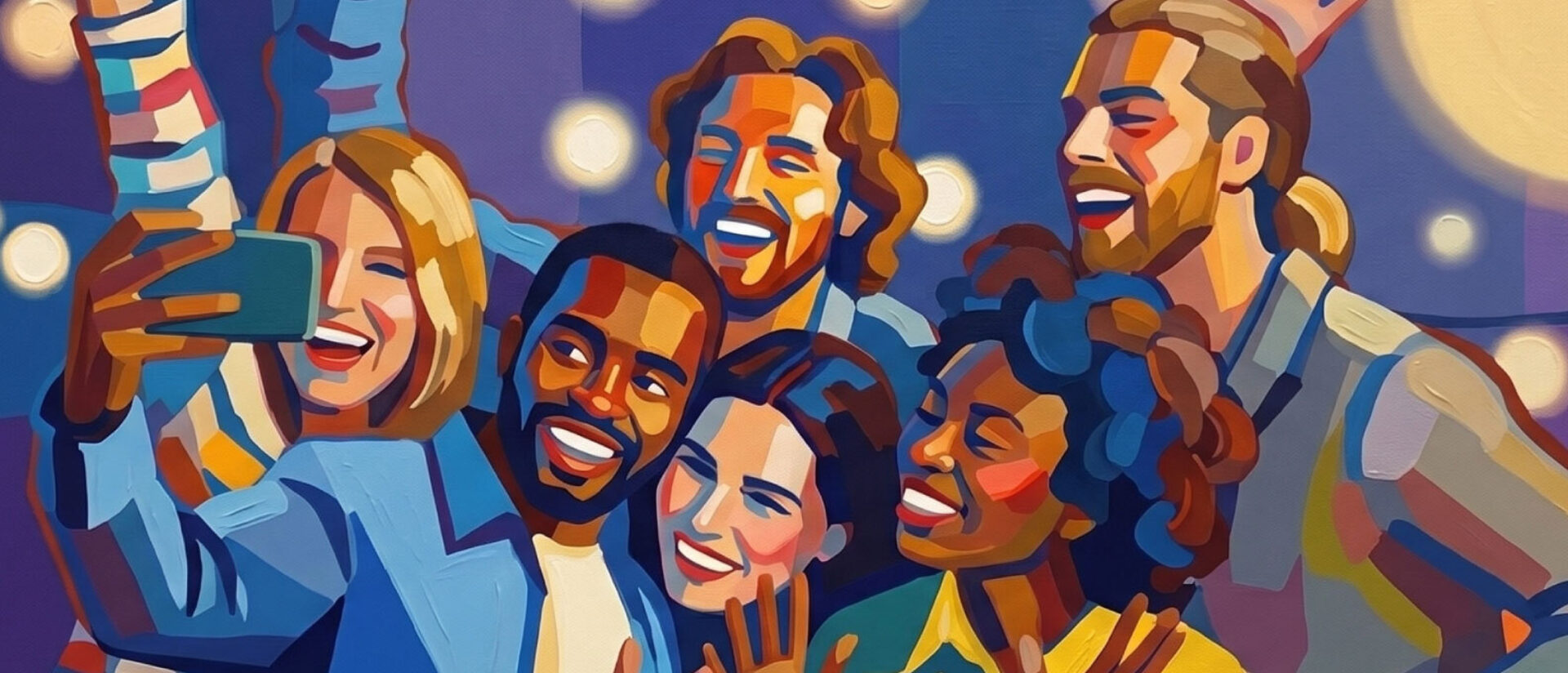 A group of six friends joyfully pose for a selfie, smiling and celebrating against a colorful, festive background filled with lights.