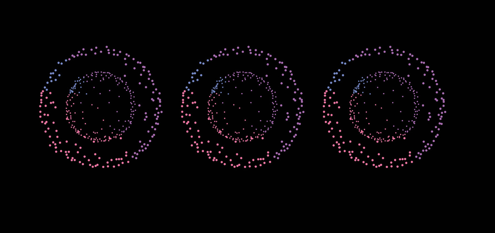 Three concentric circular patterns composed of vibrant dots in shades of pink and blue against a black background, creating a dynamic visual effect.