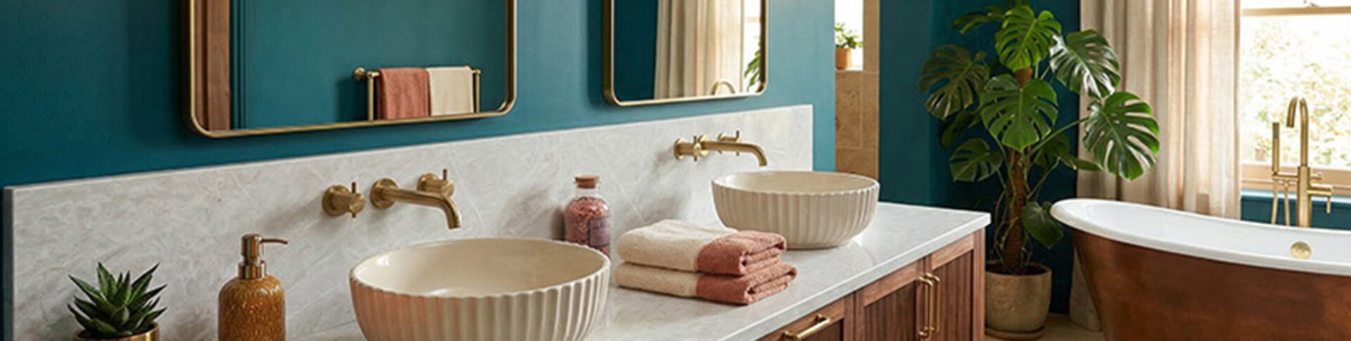 Double ribbed vessel sinks on marble counter with brass wall faucets, folded pink towels, teal walls, potted monstera and copper tub.