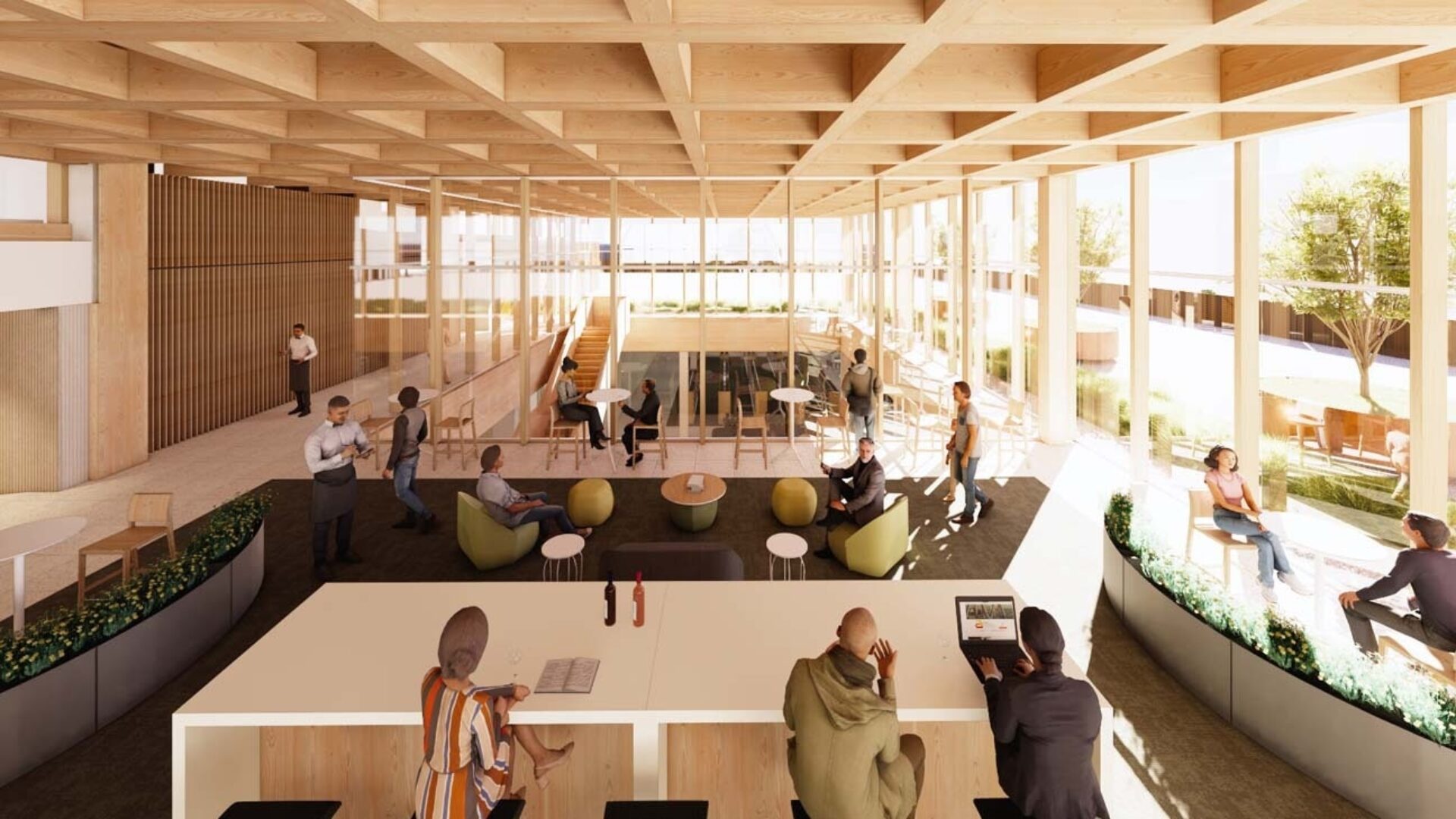 Sunlit wooden atrium coworking space with floor-to-ceiling windows, communal table, lounge pods, glass partitions and people working.