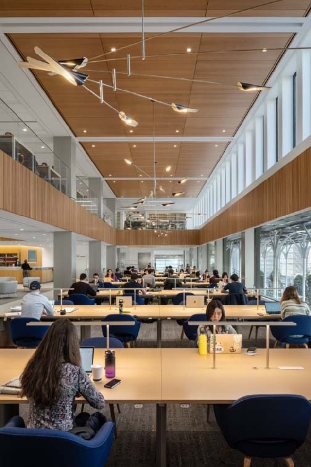 Spacious modern study hall with long communal tables, students working on laptops beneath wood-paneled ceiling and sculpted hanging lights.