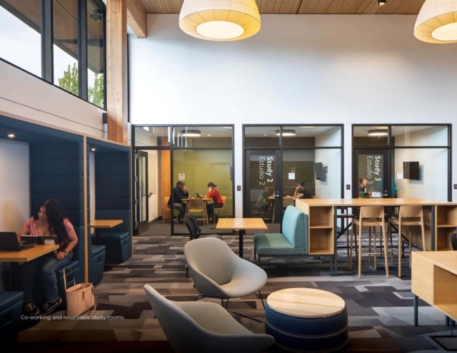 Bright co-working lounge with left booths, glass study rooms Study 2/3 occupied by students, lounge chairs, tall tables and pendant lights.