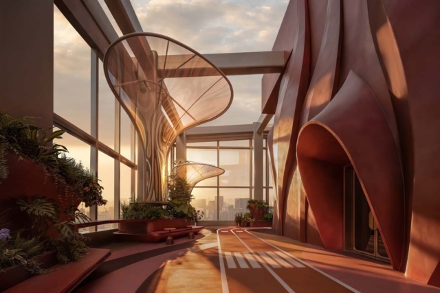 A modern interior featuring graceful, organic shapes, large windows, and vibrant greenery, illuminated by warm sunset light.