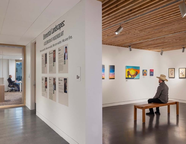 A museum interior features an exhibition titled "Elemental Landscapes," showcasing colorful art. A visitor sits on a bench, observing.