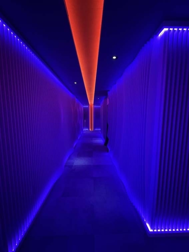 Narrow corridor lined with ribbed panels glowing deep blue, a red neon strip overhead and a silhouetted person by the far door.